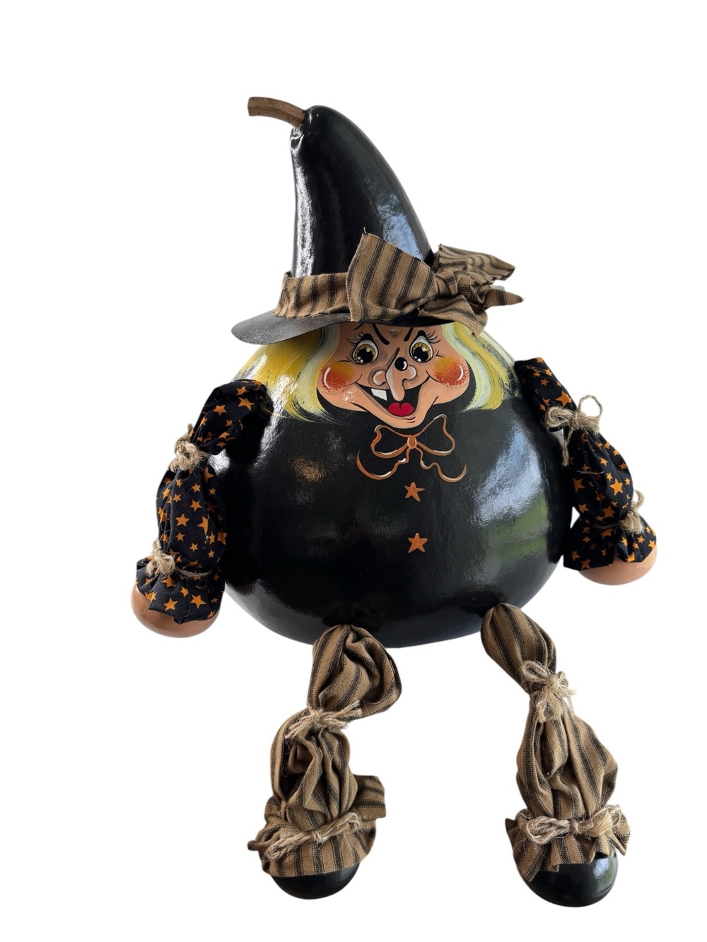 Halloween Witch Gourd figurine Roly Poly 15” Folk Art Handcrafted Dangling Leg